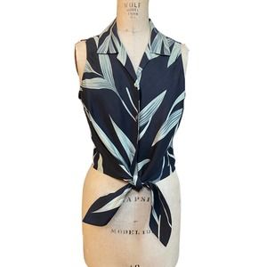 Tommy Bahama Womens Crop Top Black Sleeveless Button Up Front Tie Collared L